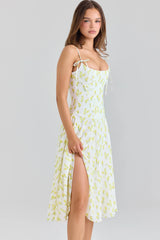lemon floral print georgette midi dress