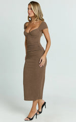 Elia Midi Dress Cap Sleeve Sweetheart Underwire Fitted Dress in Brown