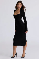 black long sleeve bandage midi dress