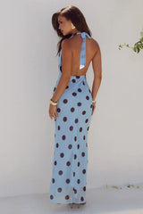 LEXIE LOW PLUNGE HALTER MAXI DRESS SKY BLUE CHOC POLKA