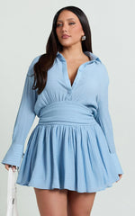 Valerie Mini Dress Collared Long Sleeve Waist Shirt Dress in Pale Blue