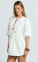 Shailene Mini Dress Tie Front Puff Sleeve Recycled Denim Dress in Ecru