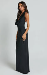 Sylvana Maxi Dress Cowl Halter Neck Bodycon Dress in Black