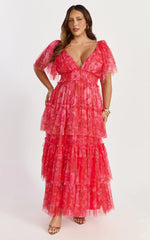 Leianna Midi Dress Tulle Flutter Sleeve Tiered Ruffle Dress in Sunset Floral