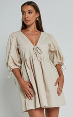 Rosita Mini Dress Tie Front Puff Sleeve Dress in Stone