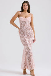 rose pink lace godet gown