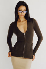 Sienna Zip Up Knit Sweater Chocolate Brown