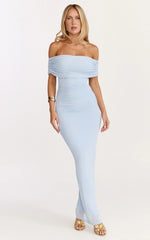 Caterina Maxi Ruched Off Shoulder Mesh Dress in Pale Blue