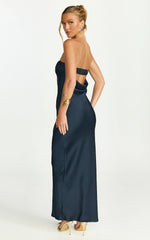 Zaya Midi Dress Strapless Satin Slip Dress in Navy