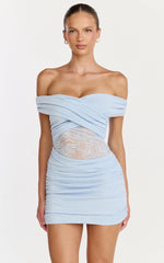 Juliet Mini Dress Off Shoulder Lace Contrast Dress in Blue