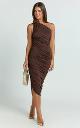 Lovlin Midi Dress One Shoulder Ruched Dress in Chocolate