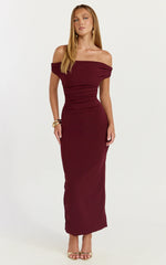 Lena Midi Dress Off Shoulder Ruched Bodycon Dress in Wine