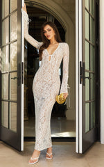 Paula Midi Dress Lace V Neck Long Sleeve Column Dress in White