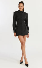 Thelma Mini Dress Button Front Pleat Waist Tulip Skirt Shirtdress in Black