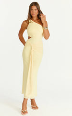 Mandy Midi Dress Knot Detail Cut Out Mesh Dress in Lemon