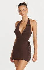 Callista Mini Dress Knit Halter Neck Wrap Dress in Chocolate