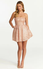 Hana Mini Dress Strapless Fit And Flare Sequin Dress in Rose Gold