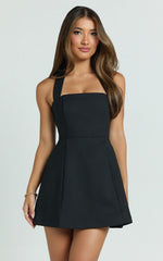 Dante Mini Dress Halter Neck Tie Tulip Skirt Dress in Black