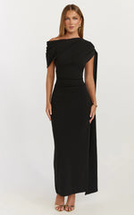 Visenta Midi Dress Asymmetrical Sleeve Dress in Black
