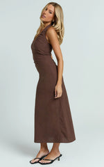 Murray Midi Dress Deep U Halter Neck Dress in Chocolate