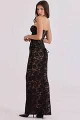 black blush lace corset maxi dress