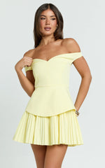 Izara Mini Dress Off Shoulder Pleated Dress in Lemon