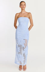 Sienna Midi Dress Strapless Floral Embroidered Bodycon Dress in Blue