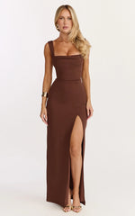 Donna Maxi Dress Cowl Neck Column High Split Dress in Chocolate