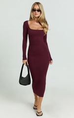 Lucy Midi Dress Ribbed Side Ruched Bodycon Dress in Wine
