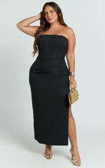 Avery Midi Dress Strapless Draped Side Split Dress in Black