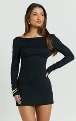 Adora Mini Dress Long Sleeve Backless Boat Neck A Line Dress in Black