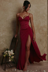 wine lace trim maxi dress corset