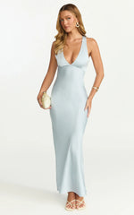 Khalani Midi Dress Deep V Neck Satin Slip Dress in Pale Blue