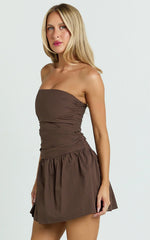 Donatella Mini Dress Strapless Drop Waist Dress in Chocolate