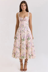 pink floral corset midi dress