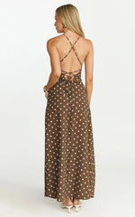Leighton Maxi Dress Cross Over Spaghetti Straps Square Neck A Line Dress in Choc Cream Polka Dot