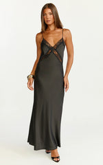 Christy Midi Dress V Neck Lace Detail Slip Dress in Black