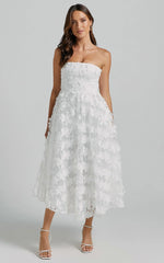 Rheiva Midi Dress Strapless 3D Embroidery Midi Dress in White