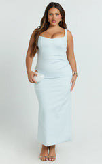 Benita Midi Dress Scoop Neck Ruched Fitted Dress in Blue