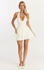 Lacey Mini Dress Lace Corset Style Bodice Halter Dress in White