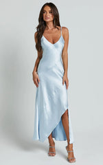 Ylona Maxi Dress Asymmetric Draped Bias Cut Satin Slip Dress in Ice Blue
