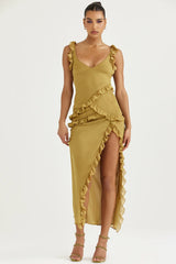 olive ruffle maxi dress