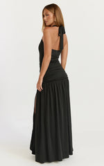 Phoenix Maxi Dress Halter Neck Gold Trim Jersey Dress in Black