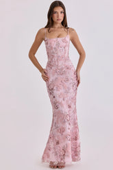 pink hand beaded embellished corset maxi dress limited edition