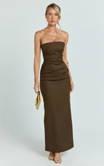 Jamie Maxi Dress Strapless Ruched Fitted Column Dress in Chocolate