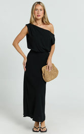 Jacqueline Midi Dress Linen One Shoulder Dress in Black