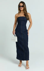 Keziah Maxi Dress Denim Strapless Bodycon Dress in Indigo Wash