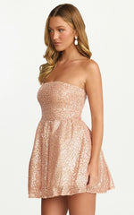 Hana Mini Dress Strapless Fit And Flare Sequin Dress in Rose Gold
