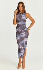 Loralie Midi Dress Mesh High Neck Bodycon Dress in Blue Blur