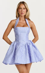 Maddy Mini Dress Square Neck Halter Fit And Flare Dress in Blue